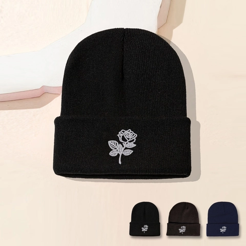 Rose Bestickte Strickmütze Acryl Winter Warm Umschlag Beanie Lässig Mode Für Damen
