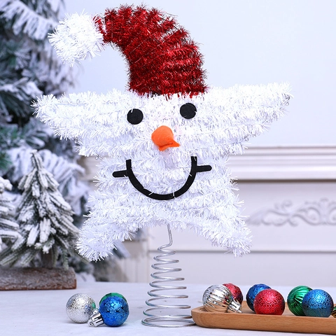 Christmas Tree Topper Star Snowman Face LED Glowing Iron Tinsel Plush Ornament For Holiday Home Party Decoration
