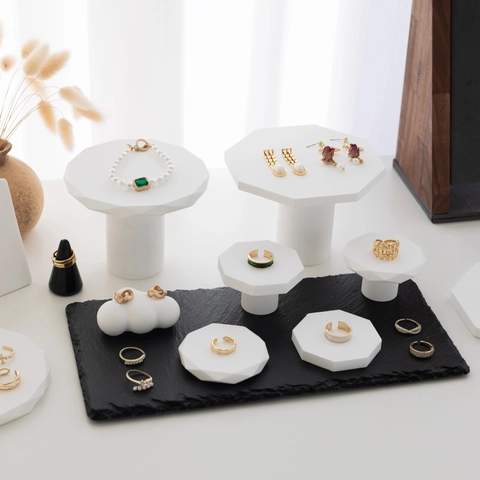 Geometric Plaster Jewelry Display Stand Matte White Gypsum Tray High Foot Photography Props Ring Necklace Holder Rack