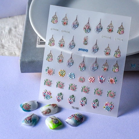 Succulente Bloem 5D Reliëf Nagelkunst Stickers Zelfklevend Botanisch Floraal Manicure Decoratie Voor Vrouwen