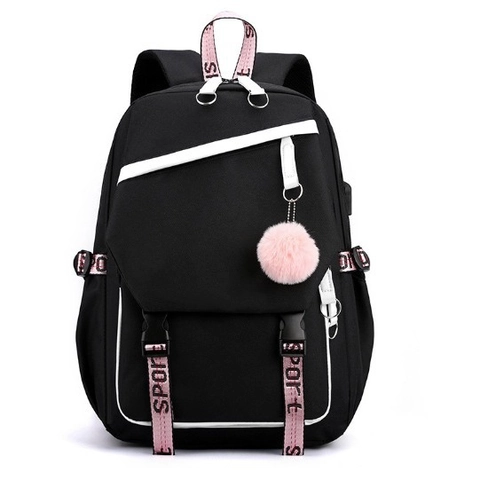 Sac À Dos Scolaire Nylon Avec Port De Charge USB Trou Pour Écouteurs Pendentif Pompon Color Block Étudiants