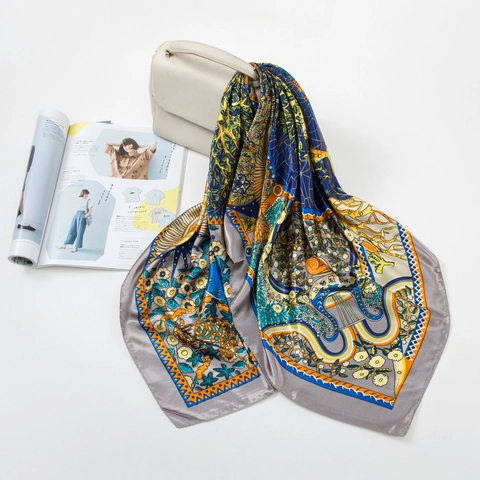 Foulard Quadrato in Satin Vintage per Donna Con Stampa Floreale e Animale Grande Bandana Fascia per Capelli Hijab Scialle Accessorio