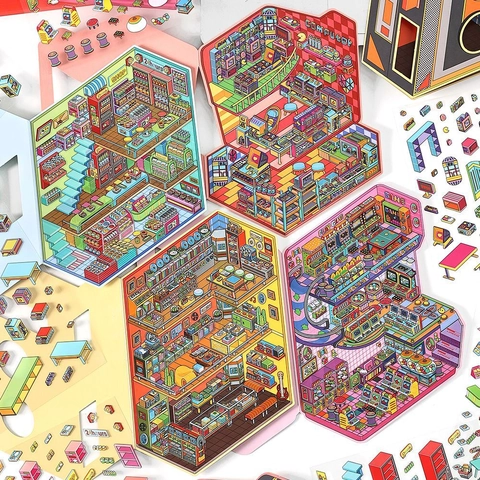 Grandi Adesivi Scena Deco Isometrici PET Cartone DIY Retro Pixel Arcade Scenario Per Scrapbooking Journaling