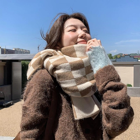 Damen Winter Gestrickter Schachbrettmuster Schal Dick Weich Karo Warm Lange Schal Wrap Koreanischen Stil Täglich Mode Accessoires