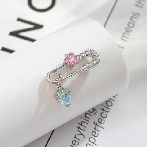 Safety Pin Ear Stud Pink Star Blue Heart Zircon Titanium Steel Cartilage Earring For Women Y2K Jewelry