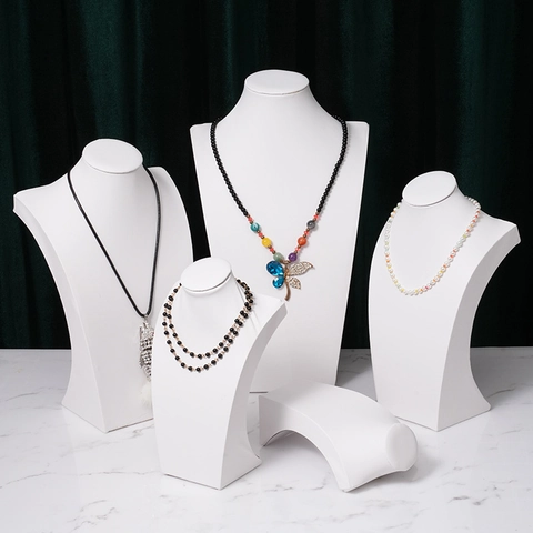 Necklace Display Stand PU Leather Bust Mannequin Neck Form Jewelry Showroom Organizer Portrait Style White