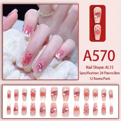 Pink Jelly Press On Nails Rainbow Heart Dots Pattern Long Coffin Shape Sweet Cute Artificial False Fingernails For Girls