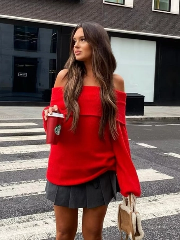 Off-Shoulder Gebreide Trui Sexy Boothals Lange Mouwen Slim Fit Effen Kleur Dames Pullover Casual
