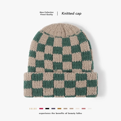Checkerboard Strickbeanie Aus Kaninchenfellimitat Warme Wintermütze Damen Umschlag Retro Weich Dick Gemütlich Elastisch Mode Kopfbedeckung