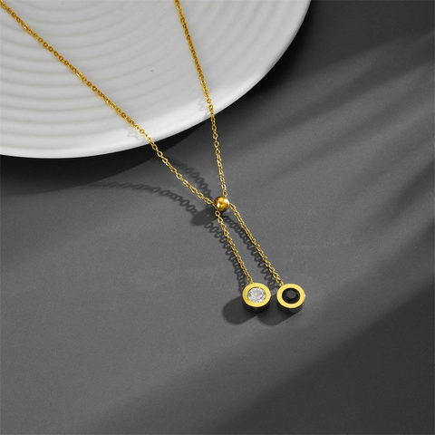 Elegante Collana A Forma Di Y In Acciaio Inossidabile Ciondoli A Doppio Cerchio Numeri Romani Zircone Smalto Regolabile Per Donna