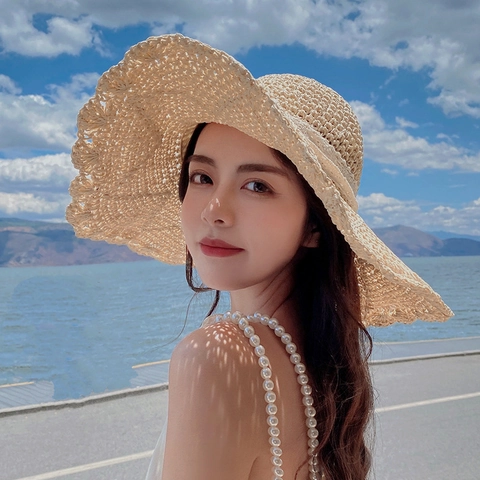 Women Foldable Summer Straw Hat Large Brim Beach Sun Hat With Lace Ribbon Bow Tie For Vacation Elegant Shading Cap