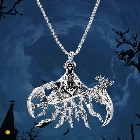 Sensenmann Sense Anhänger Halskette Legierung Gothic Punk Totenkopf Gitarre Halloween Schmuck Herren Damen Dunkler Stil