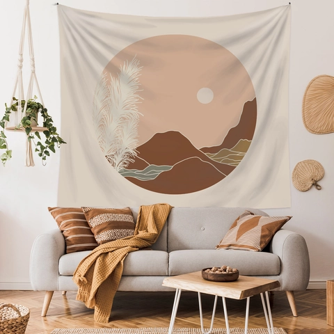 Tapiz De Pared Paisaje Abstracto Montaña Sol Poliéster Boho Decoración Artística Para Dormitorio Sala