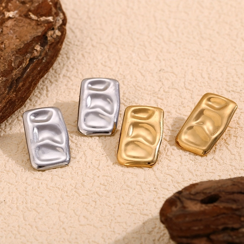 Pendientes Geométricos Acero Inoxidable Chapado En Oro De 18K Rectángulo Irregular Textura Martillada Joyería Minimalista