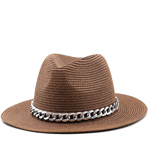 Καλοκαιρινό Ψάθινο Καπέλο Fedora Με Φαρδύ Γείσο Και Ασημένια Αλυσίδα Για Άνδρες Γυναίκες Προστασία Από Τον Ήλιο