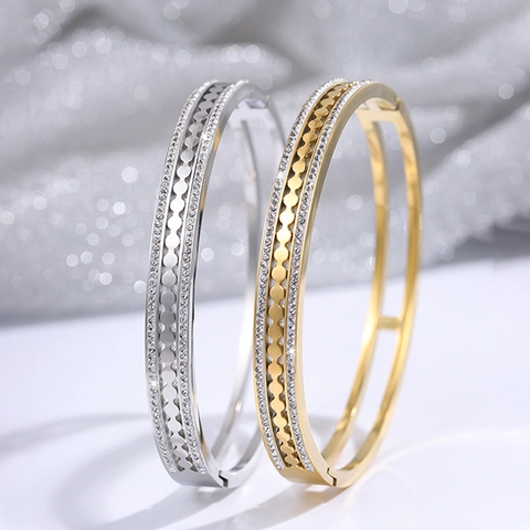 Lussuoso Bracciale Rigido Svuotato in Acciaio Inossidabile per Donna Doppia Fila di Strass Oro Argento Elegante Gioielli