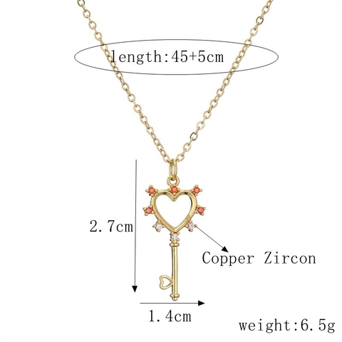 Heart Key Pendant Necklace Copper Gold Plated With Colorful Cubic Zirconia Inlay Romantic Fashion Jewelry