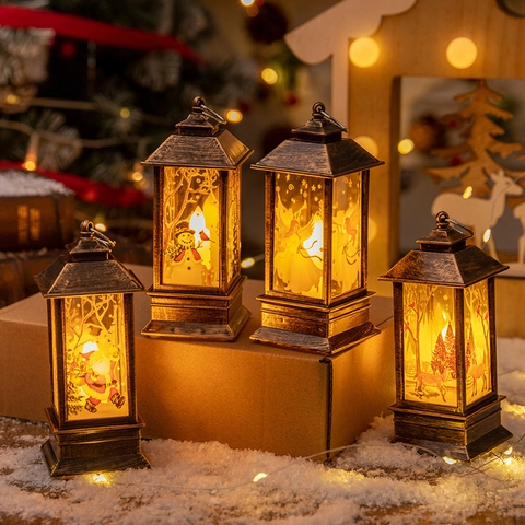 Lanterna Di Natale LED Retrò Bronzo Plastica Ornamento Da Tavolo Babbo Natale Pupazzo Di Neve Alce Angelo Decorazione Sospesa