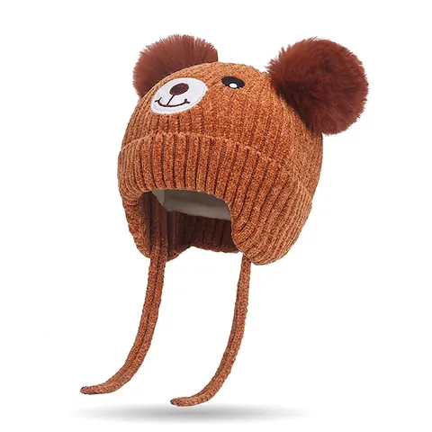 Toddler Winter Knitted Hat Chenille Fleece Lined Bear Design Double Pom Poms Warm Earflaps Chin Straps Infants Baby