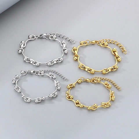 Bracciale In Acciaio Inossidabile Alla Moda Maglie Curve Ondulate Accenti Di Perline Hip Hop Gioielli A Catena Regolabile Geometrici