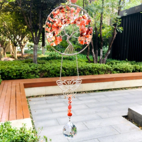 Tree Of Life Suncatcher Hanging Ornament With Metal Wire Butterfly Natural Gemstone Chips And Crystal Prism Ball