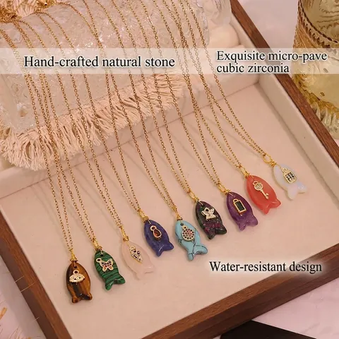 Collana Pendente Pesce Carina Pietra Naturale Acciaio Inossidabile Placcato Oro Intarsio Zircone Gioielli Vintage Donna