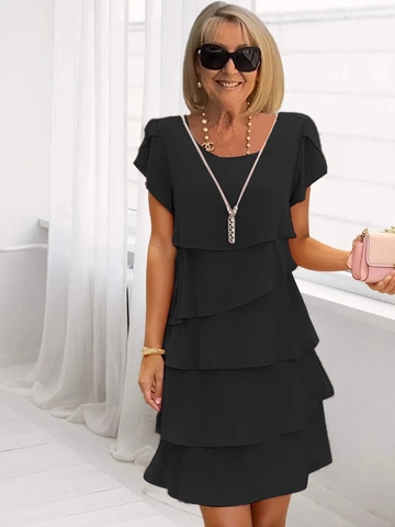 Women Elegant Solid Color Tiered Midi Dress Summer Short Sleeve Round Neck Loose Cake Layer Dress For Banquet Party Casual Daily