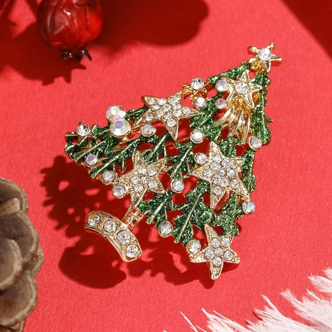 Christmas Tree Brooch Enamel Alloy Rhinestone Pin Hollow Star Design Festive Holiday Jewelry Accessory For Women