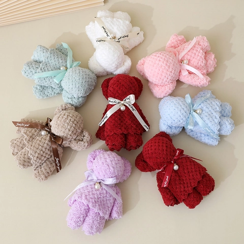 Creative Animal Shaped Towel Gift Soft Coral Fleece Absorbent For Wedding Birthday Party Favors Artificial Pearl Ribbon Souvenirs