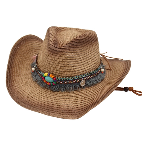 Western Cowboy Straw Hat Woven Wide Brim With Turquoise Beads Tassels And Adjustable Wind Rope Bohemian Style