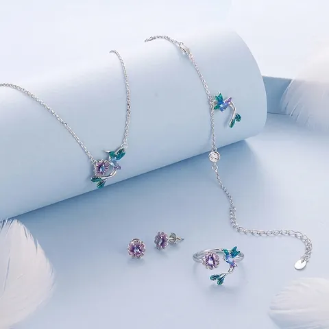 Set di Gioielli in Argento Sterling 925 Colibrì Fiore Smalto Strass Collana Braccialetto Perno Orecchino Anello Regolabile