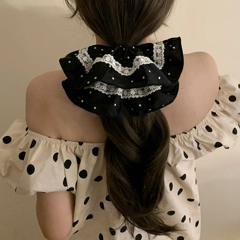 Große Scrunchies Satin Stoff Haargummis Mit Spitzenbesatz Polka Dot Floral Karo Drucke Französischer Retro Stil Für Frauen