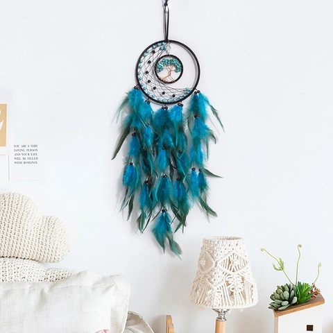 Tree Of Life Dream Catcher Handmade Feather With LED Light Bohemian Wall Hanging Decor For Bedroom Living Room