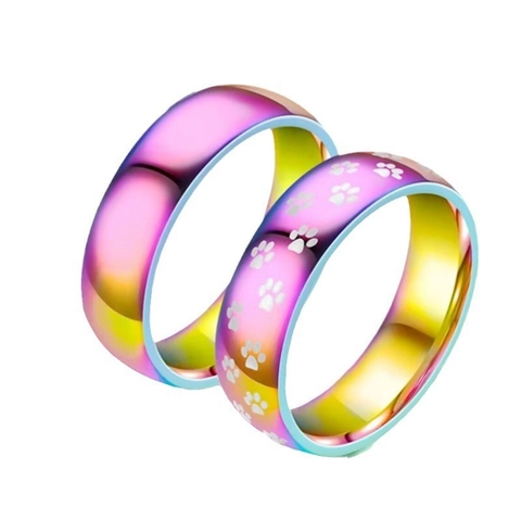 Fashion Titanium Steel Rainbow Gradient Ring Colorful Cat Paw Print Couple Band Jewelry For Women Men Everyday Accessorie