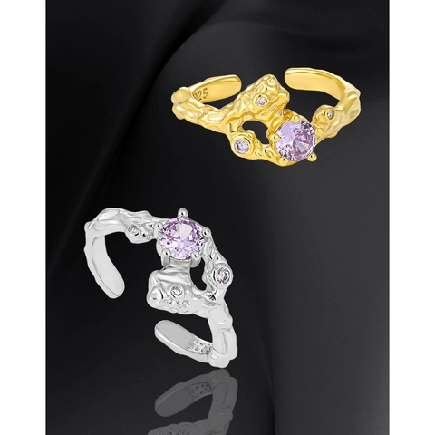 Irregular Texture Lava Style Adjustable Open Ring 925 Sterling Silver Purple Zircon Micro Pave Women