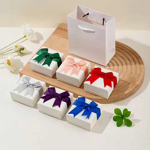 Jewelry Gift Box Square Cardboard Satin Ribbon Bow For Rings Earrings Necklaces Elegant Wedding Party Gift Packaging