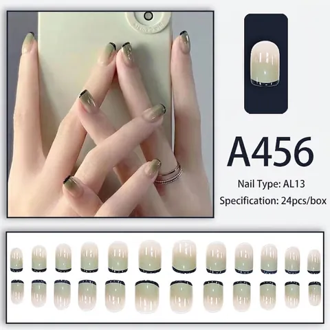 French Gradient Press On Nails Short Round Square Glossy Green Cream ABS False Nail Art Patches For Women