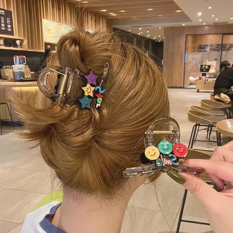 Große Haarklammern Für Frauen Transparente Bernsteinfarbene Kunststoff Harz Haarkralle Bunte Smile Star Dekoration Süßes Accessoire
