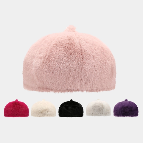 Women Plush Faux Fur Beret Hat Warm Windproof Solid Color Winter Autumn Outdoor Fashion Japanese Style Painter Cap