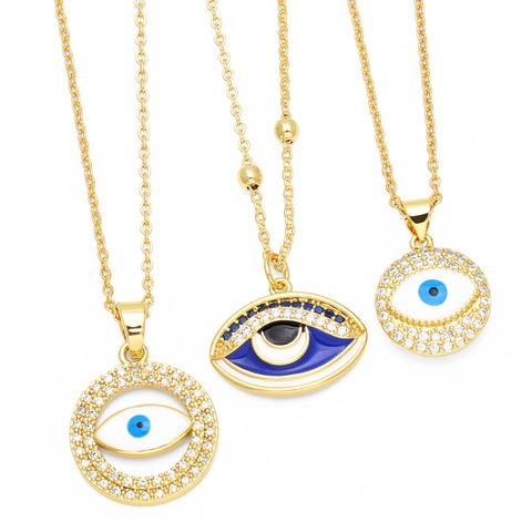 Evil Eye Pendant Necklace 18K Gold Plated Copper Micro Pave Zircon Turkish Blue Eye Retro Boho Jewelry For Women