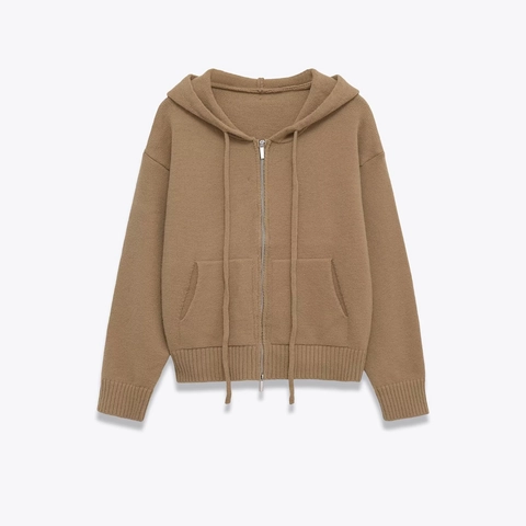 Women Hooded Knit Cardigan Zip Up Drawstring Sweater Jacket With Pockets Casual Soft Long Sleeve Solid Color Outwear