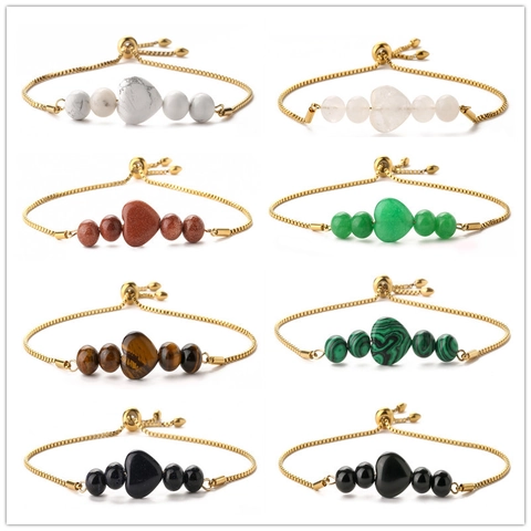 Heart Natural Stone Bracelet Stainless Steel 14K Gold Plated Adjustable Box Chain Minimalist Jewelry For Women