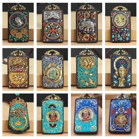 Ethnic Nepal Style Thangka Pendant Necklace Ebony Wood Alloy Inlay Turquoise Ganesha Buddha Mandala Retro Handmade Amulet