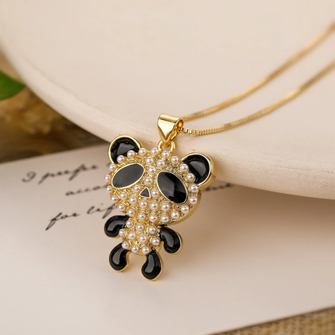 Cute Panda Pendant Necklace For Women Copper Gold Plated With Artificial Pearl Rhinestone Enamel Bear Clavicle Chain Jewelry