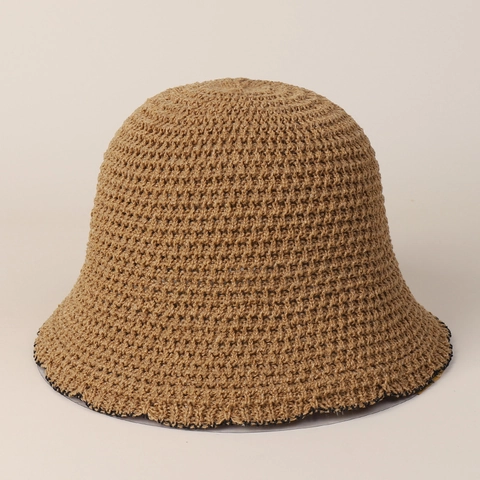Knitted Bucket Hat For Women Polyester Crochet Hollow Breathable Sun Protection Japanese Style Wave Edge Foldable