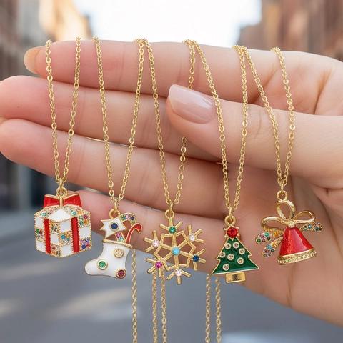 Christmas Pendant Necklace Copper Enamel Zircon Santa Claus Tree Reindeer Snowflake Festive Jewelry For Women