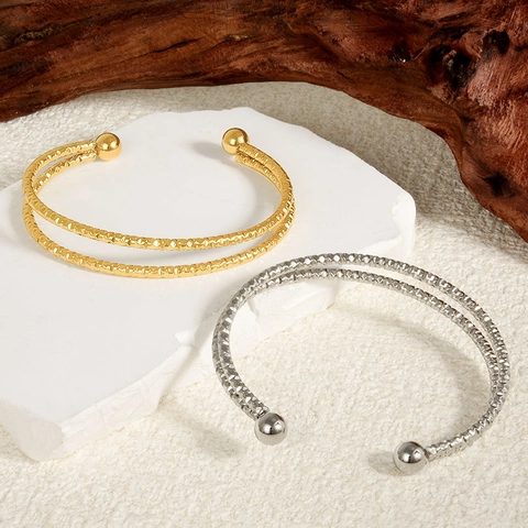 European Double Layer Stainless Steel Open Bangle Women 18K Gold Silver Plated Hammered Texture Adjustable Cuff Bracelet