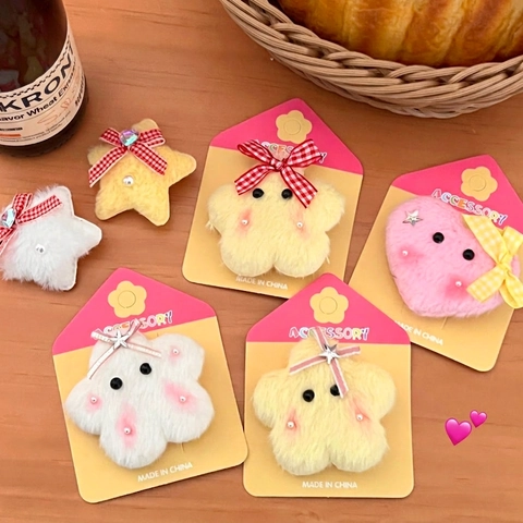 Cute Plush Star Heart Hair Clips For Girls Sweet Faux Fur Hairpins With Bows And Faux Artificial Pearls Kawaii Hair Accessories