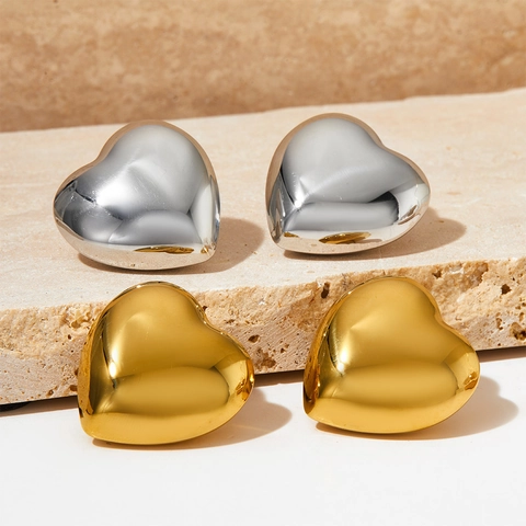 Stainless Steel Heart Stud Earrings Minimalist Chunky Gold Silver Plated Polished Statement Jewelry For Women