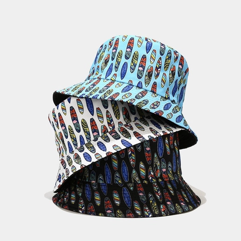 Unisex Bucket Hat Cotton Canvas Reversible Surfboard Ocean Print Summer Beach Outdoor Sun Protection Wide Brim Sunshade